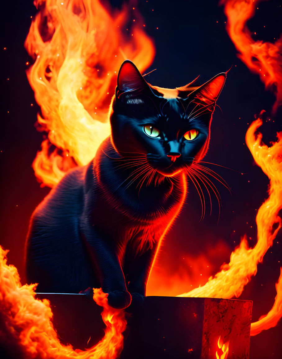 Black Cat with Glowing Eyes Amid Swirling Flames