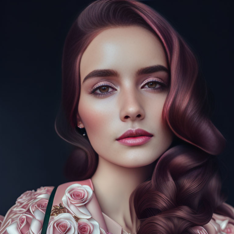 Woman in Floral Dress with Wavy Hair and Makeup Portrait