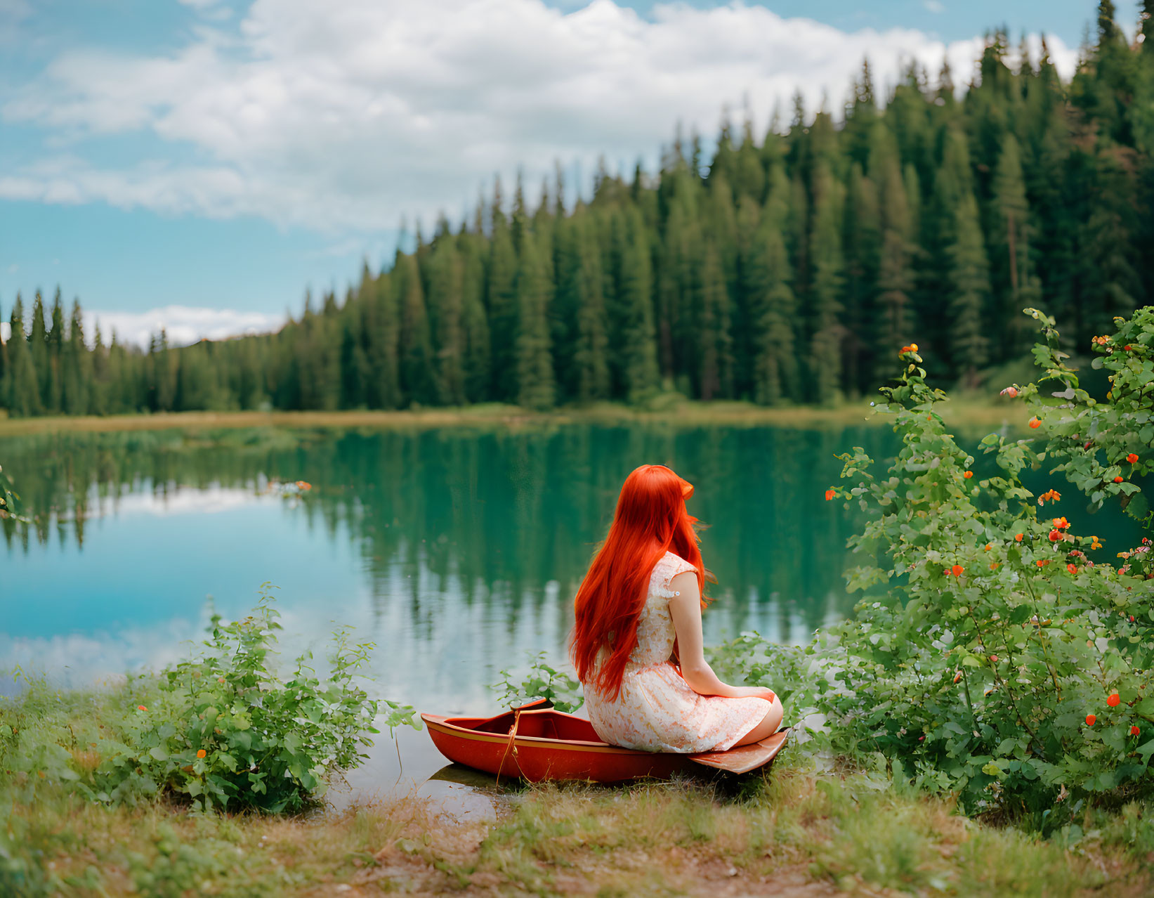 Red-haired woman in canoe surrounded by lush greenery and flowers