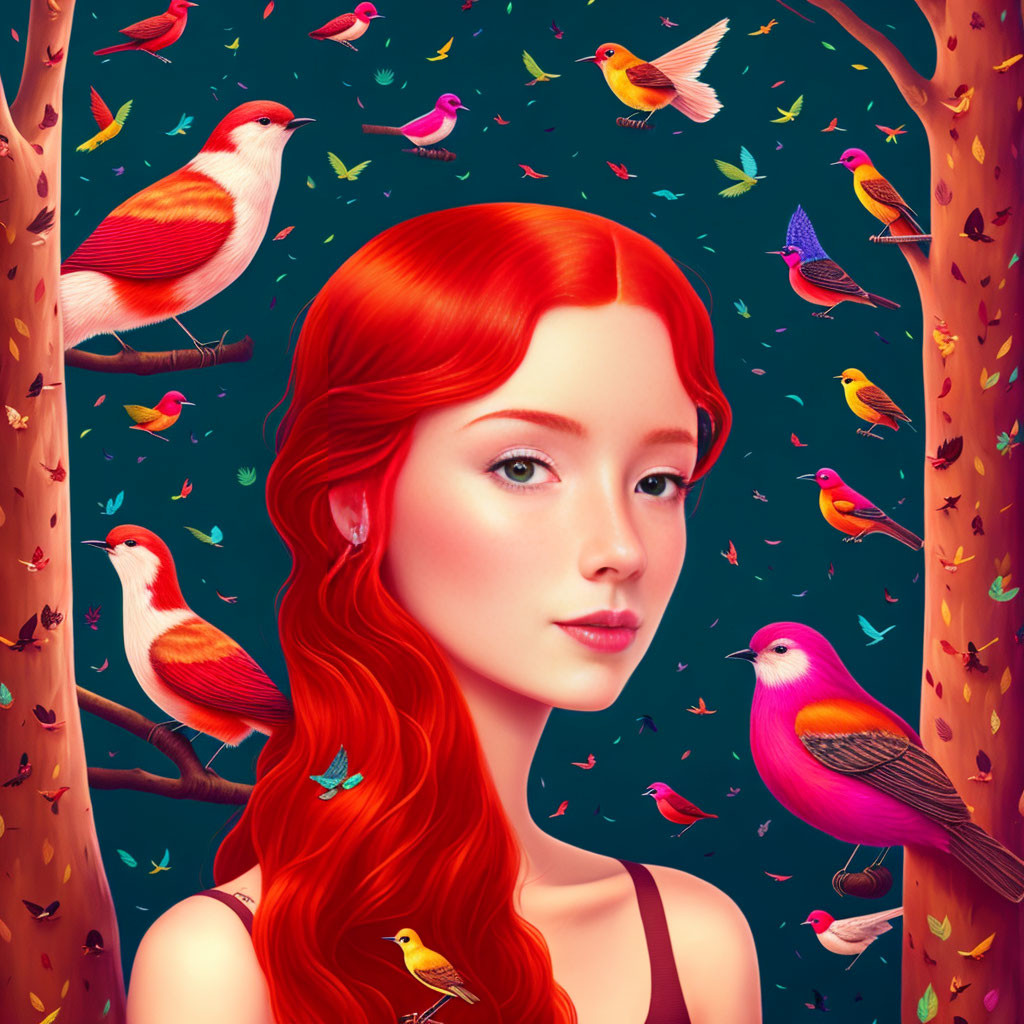 Vibrant red-haired woman with birds in enchanted forest