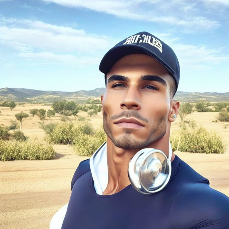 Stylized male figure with cap and ear piercings against rural backdrop