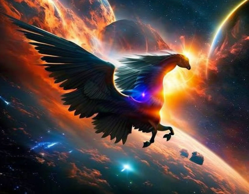 Majestic eagle soaring against cosmic backdrop with nebulae and comet