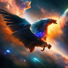 Majestic eagle soaring against cosmic backdrop with nebulae and comet