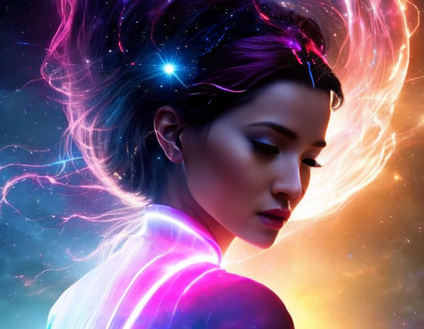 Cosmic-themed portrait of a woman with nebulae and stars