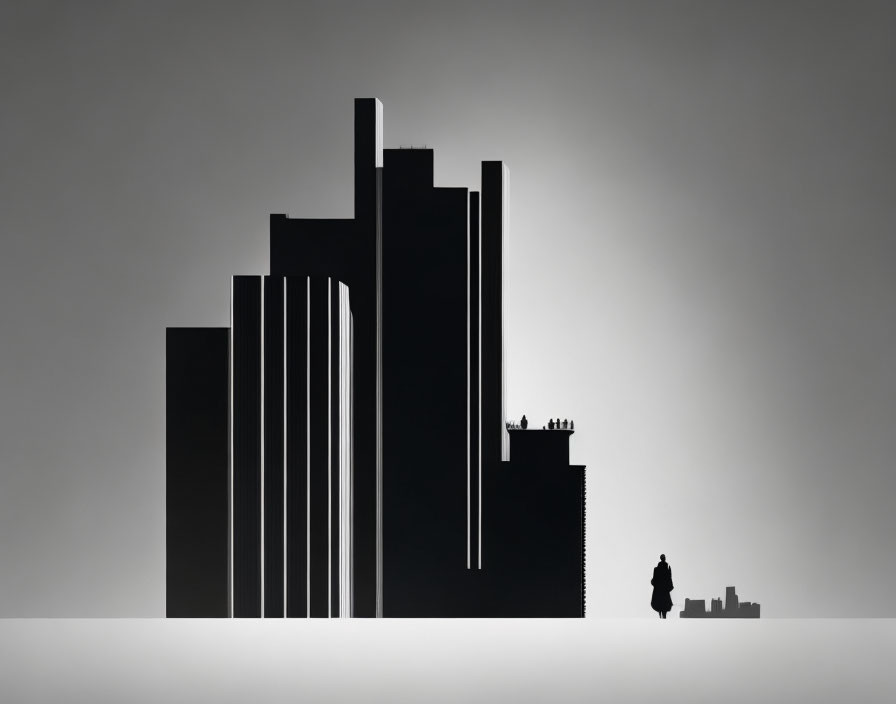 Urban skyline with lone figure and group on building edges in silhouette.