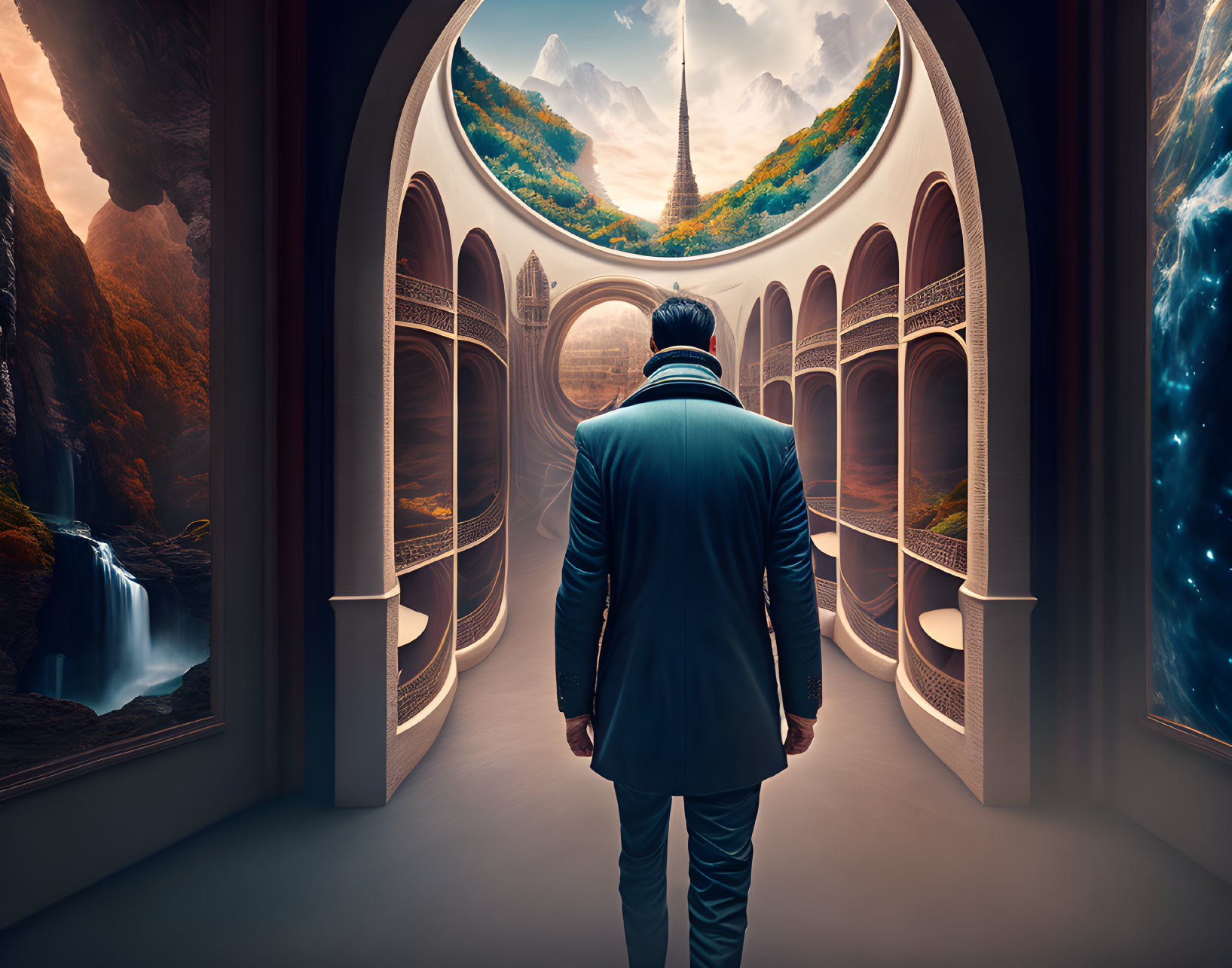 Man in suit in circular futuristic library with scenic windows.