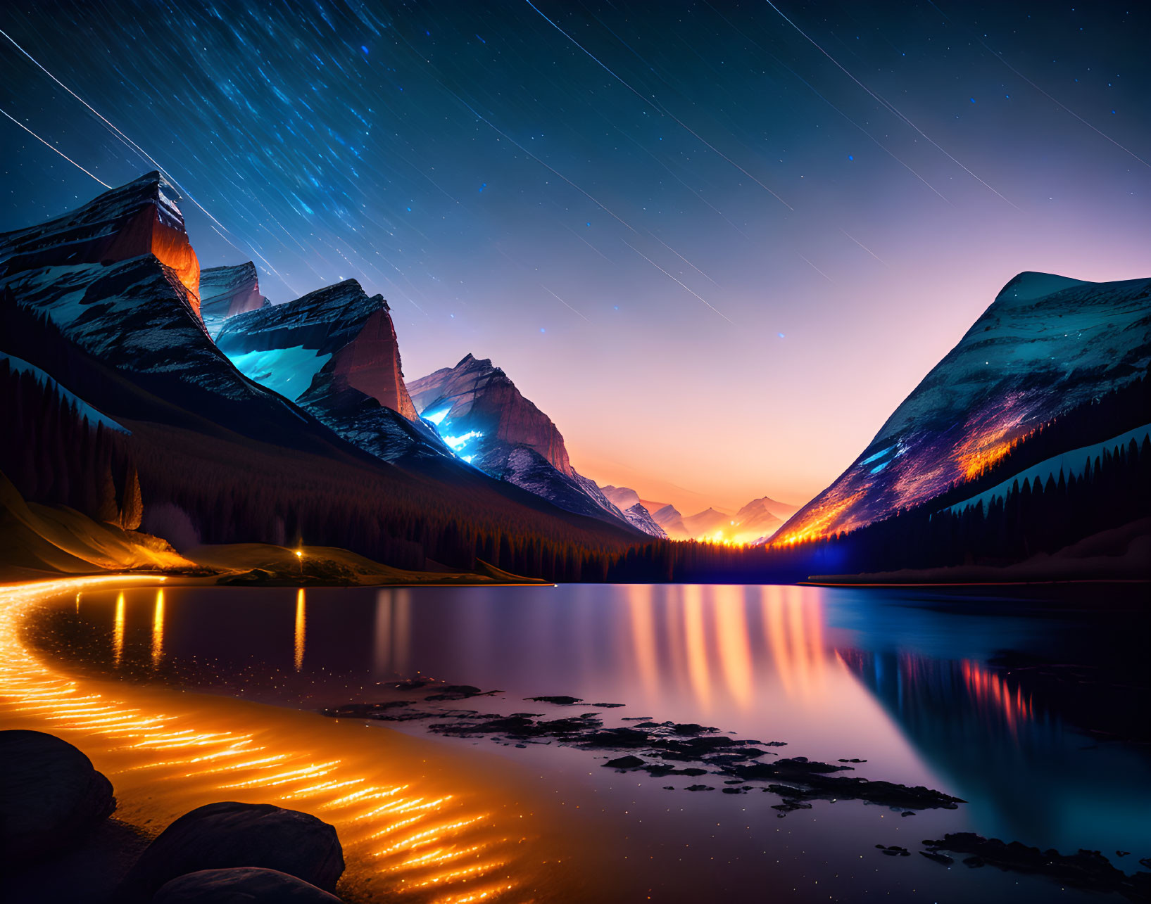 Starry night landscape with star trails over alpine mountains