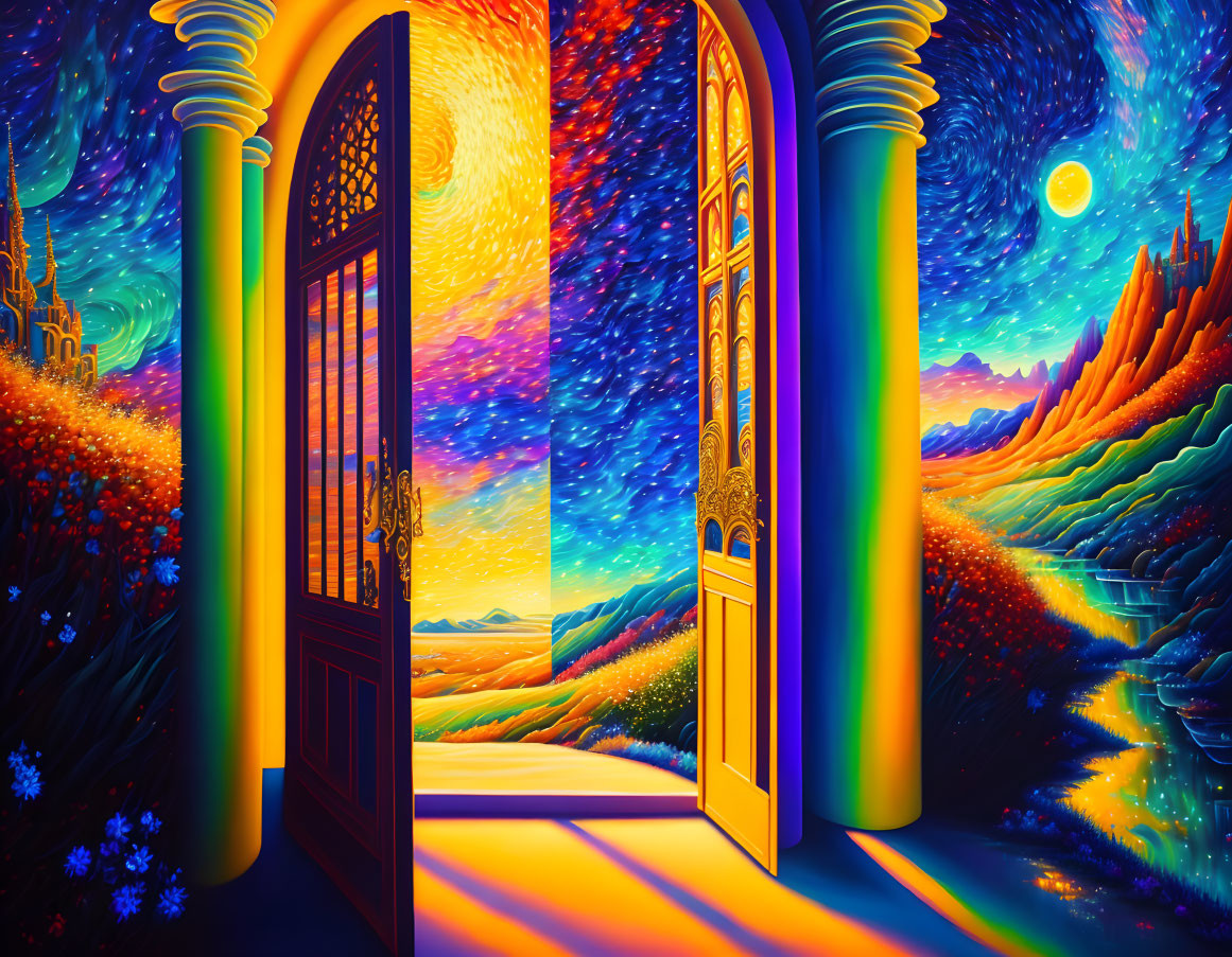 Colorful artwork: Open door reveals whimsical outdoor scene with castle, moon.