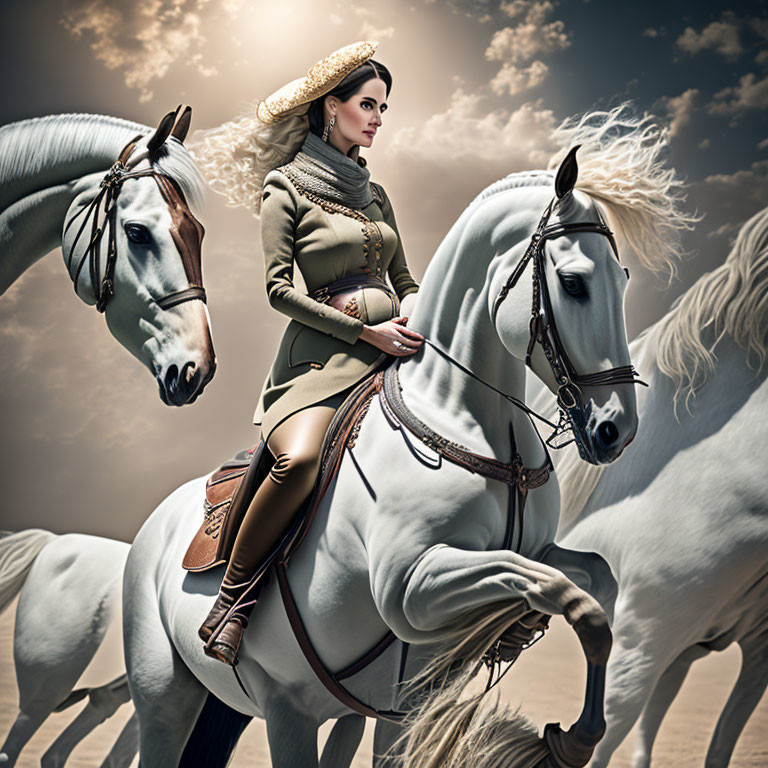 Woman in equestrian attire riding white horse under dramatic sky