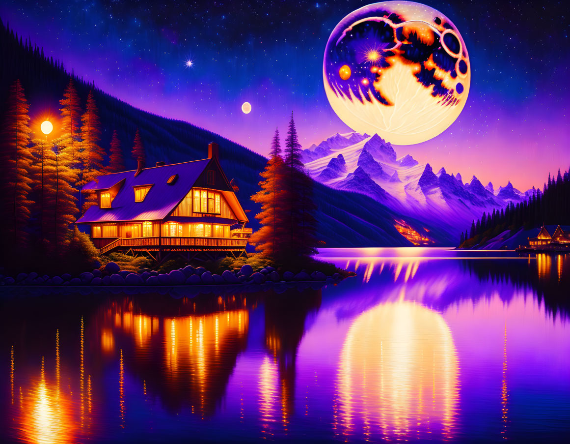 Vibrant house by lake at night with large moon and mountains