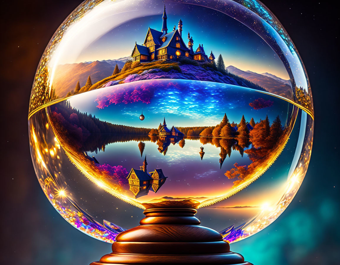 Crystal ball displaying magical castle and landscape against starry sky