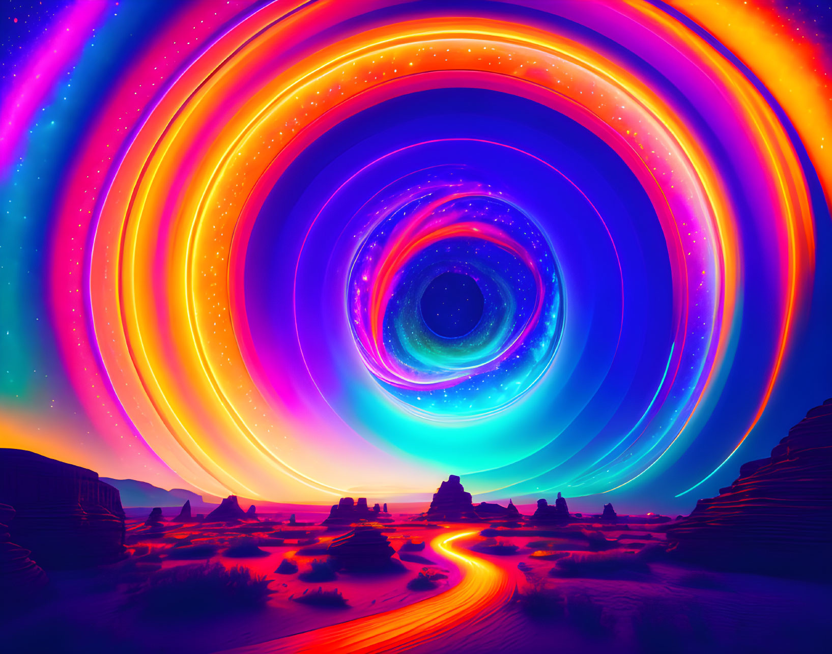 Colorful desert landscape under swirling rainbow sky portal