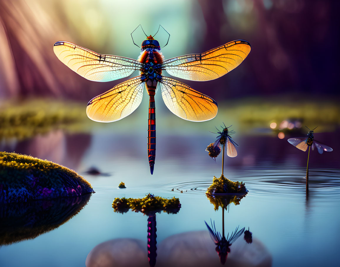 Colorful Dragonfly Perched on Water with Translucent Wings