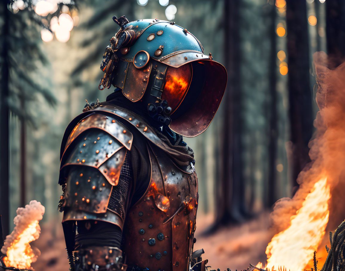 Medieval knight in armor standing in forest with warm glow.