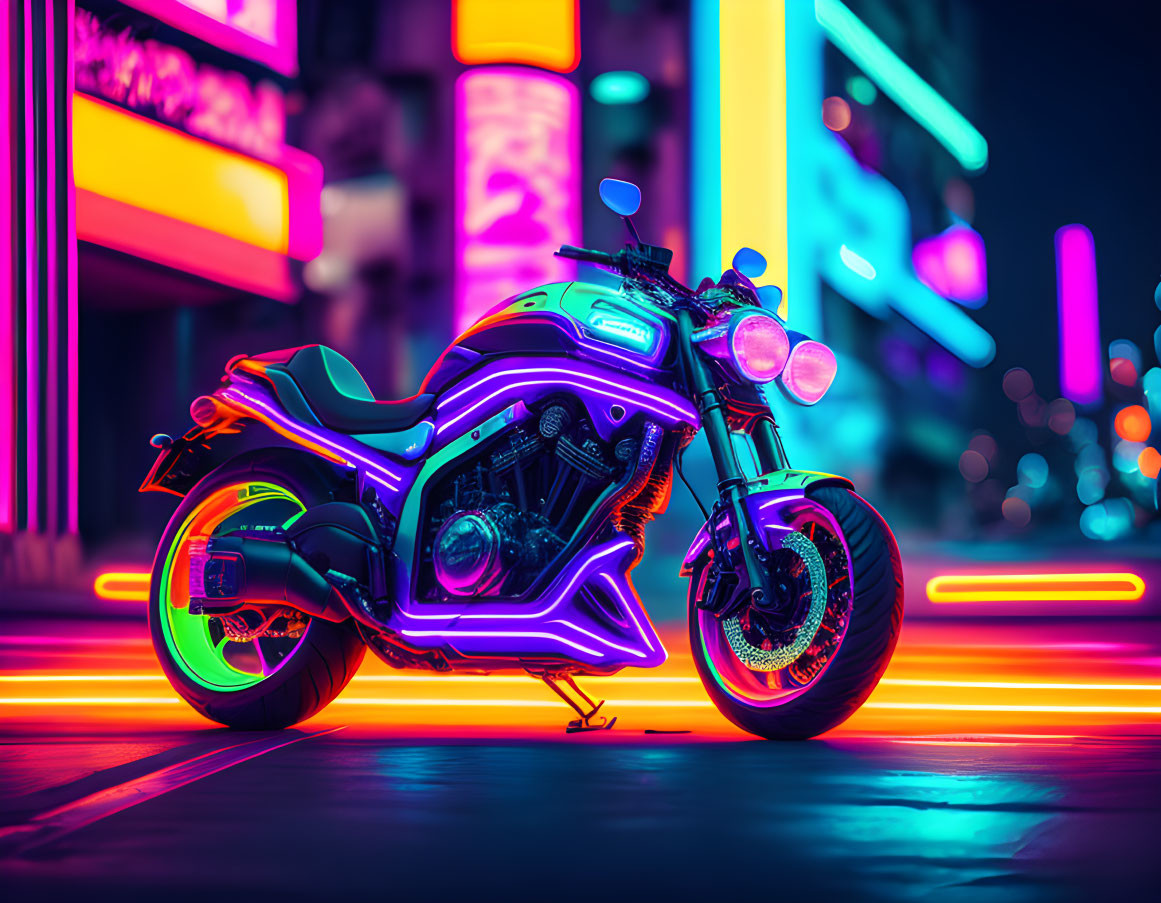 Neon-lit motorcycle on city street at night