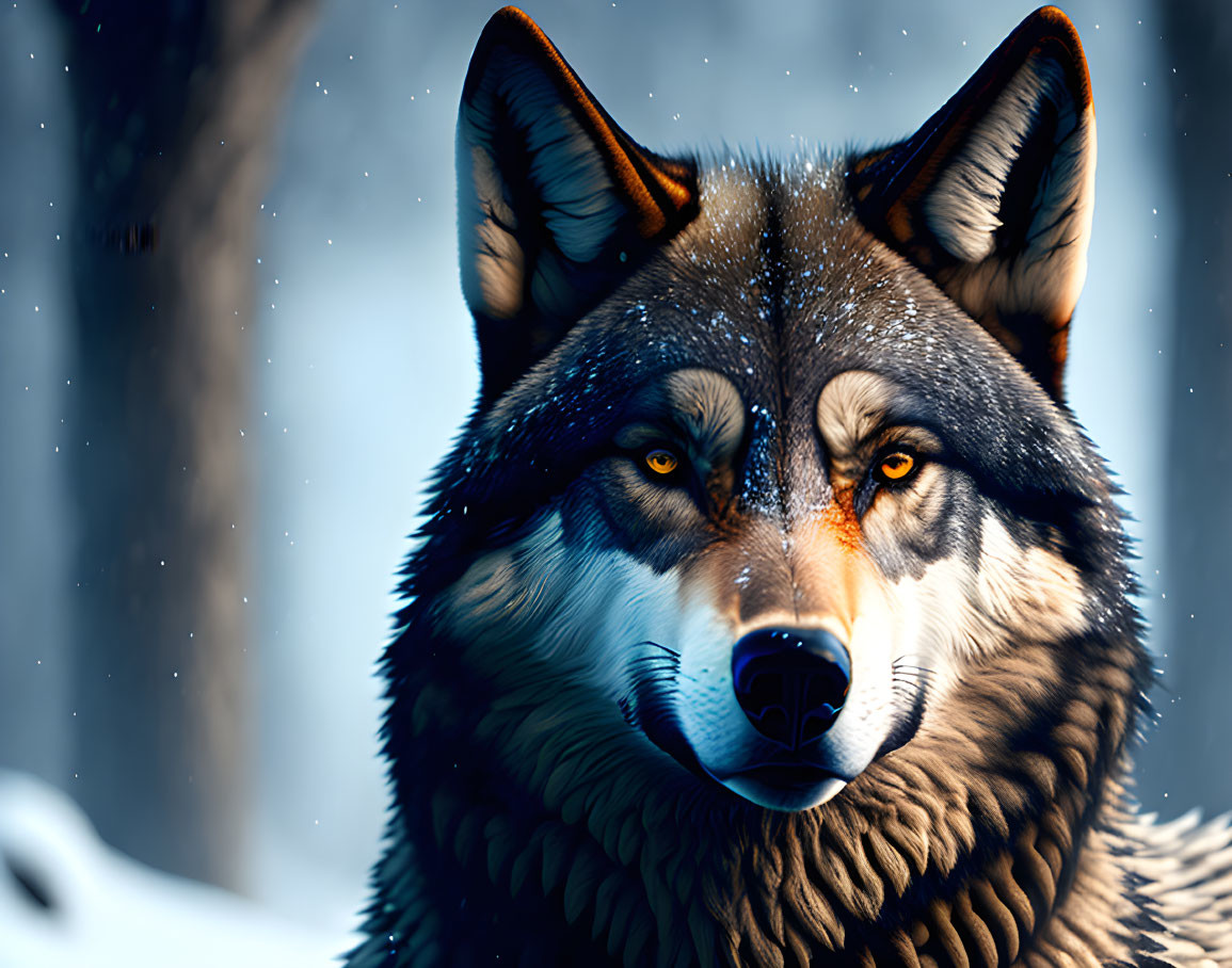 Detailed Close-Up of Intense-Eyed Wolf in Snowy Setting