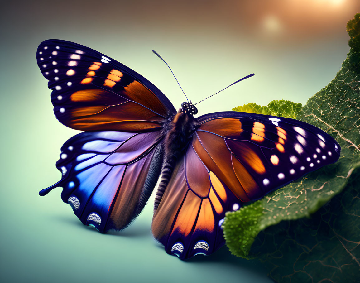 Colorful butterfly with blue and orange wings on green leaf against turquoise backdrop