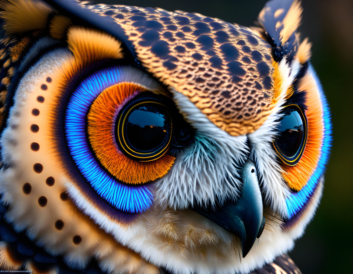 Detailed Owl Portrait with Striking Orange and Blue Feathers