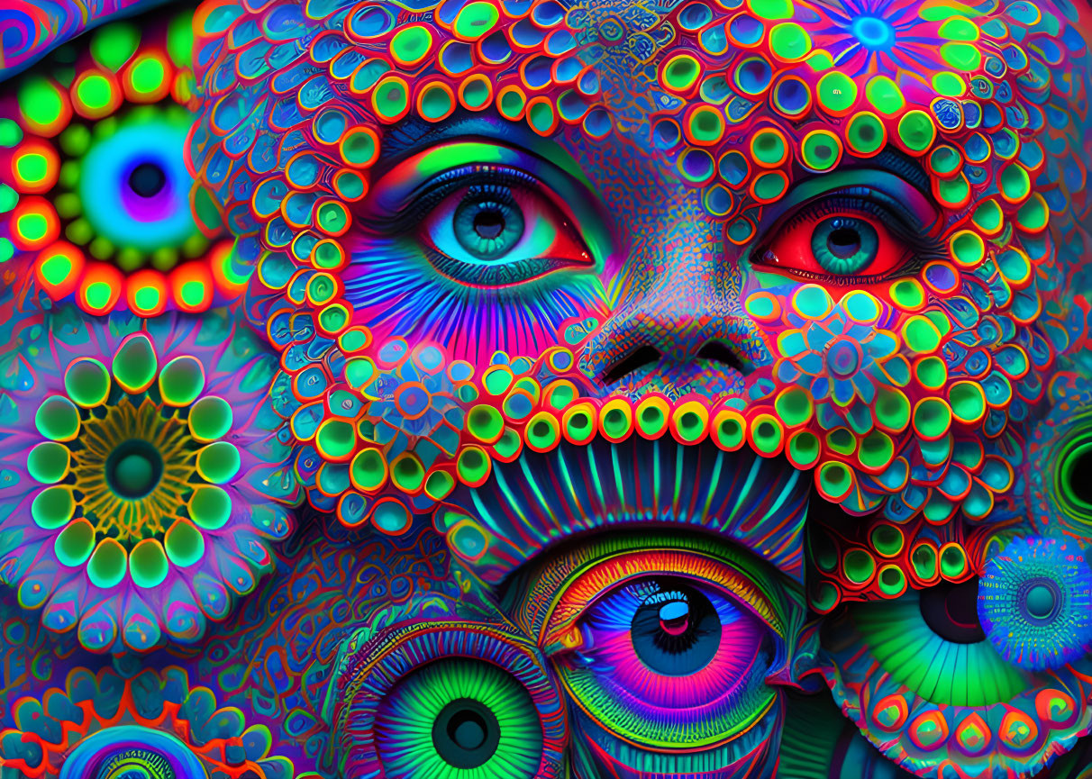 Colorful Psychedelic Face Artwork with Multiple Eyes and Floral Patterns