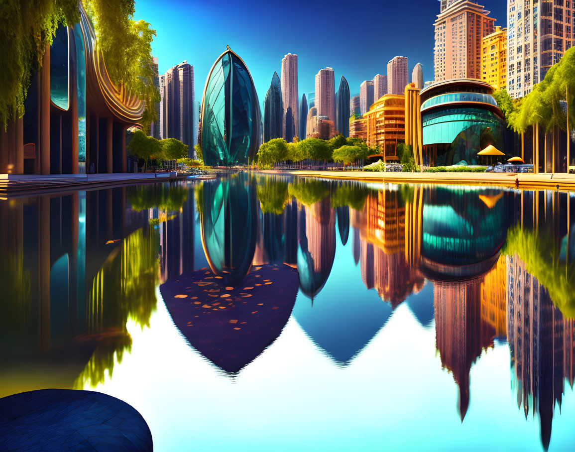 Futuristic cityscape with skyscrapers and greenery reflected in water