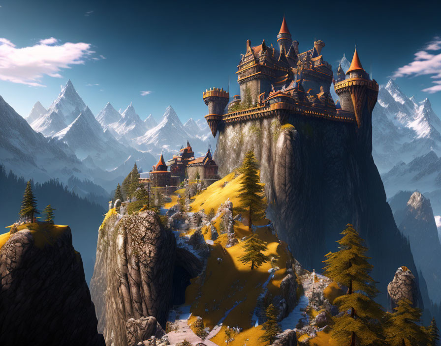 Majestic castle on cliff with golden trees and snowy mountains