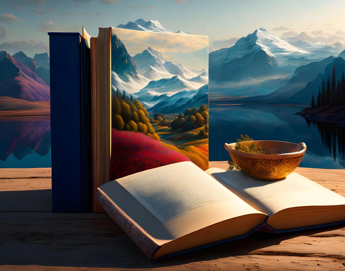 Landscape scene with mountains, lake, and soup in open book