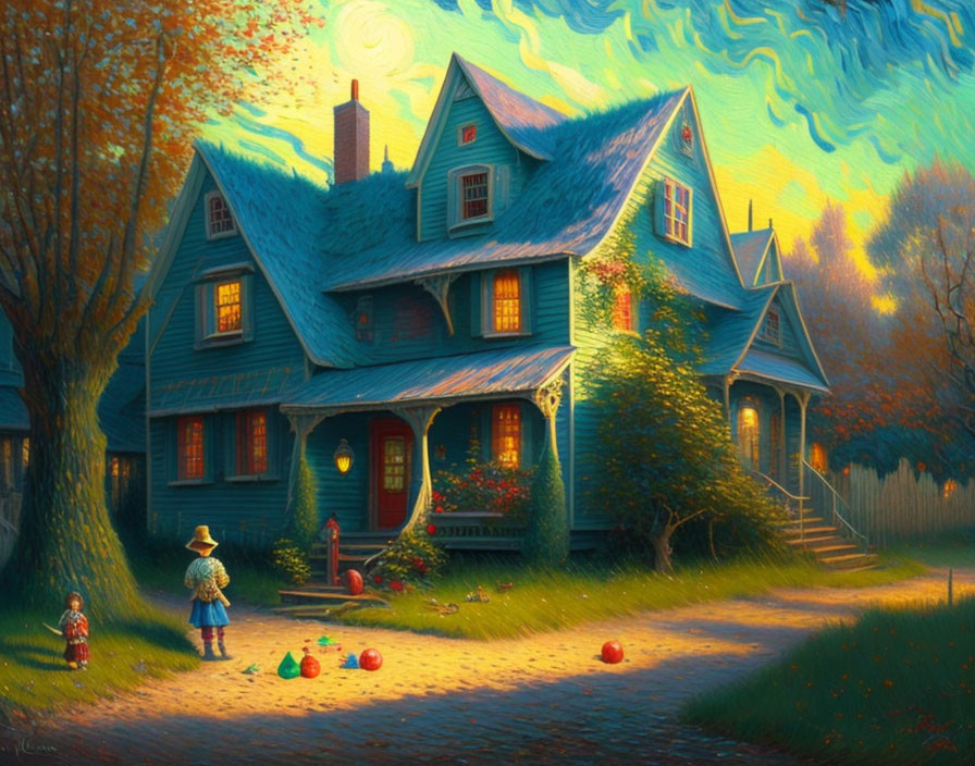 Illustration of cozy blue house with children playing at twilight