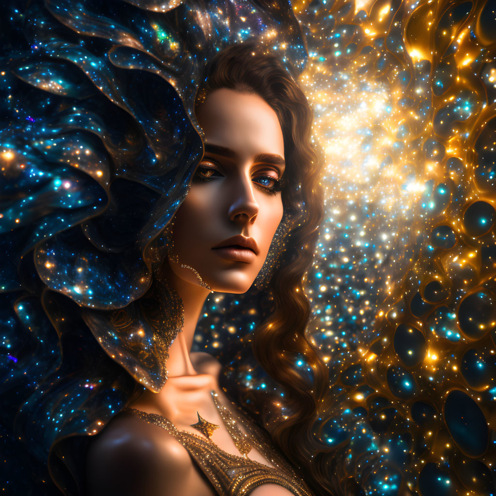 Cosmic-themed digital artwork of a woman with sparkling stars and golden orbs