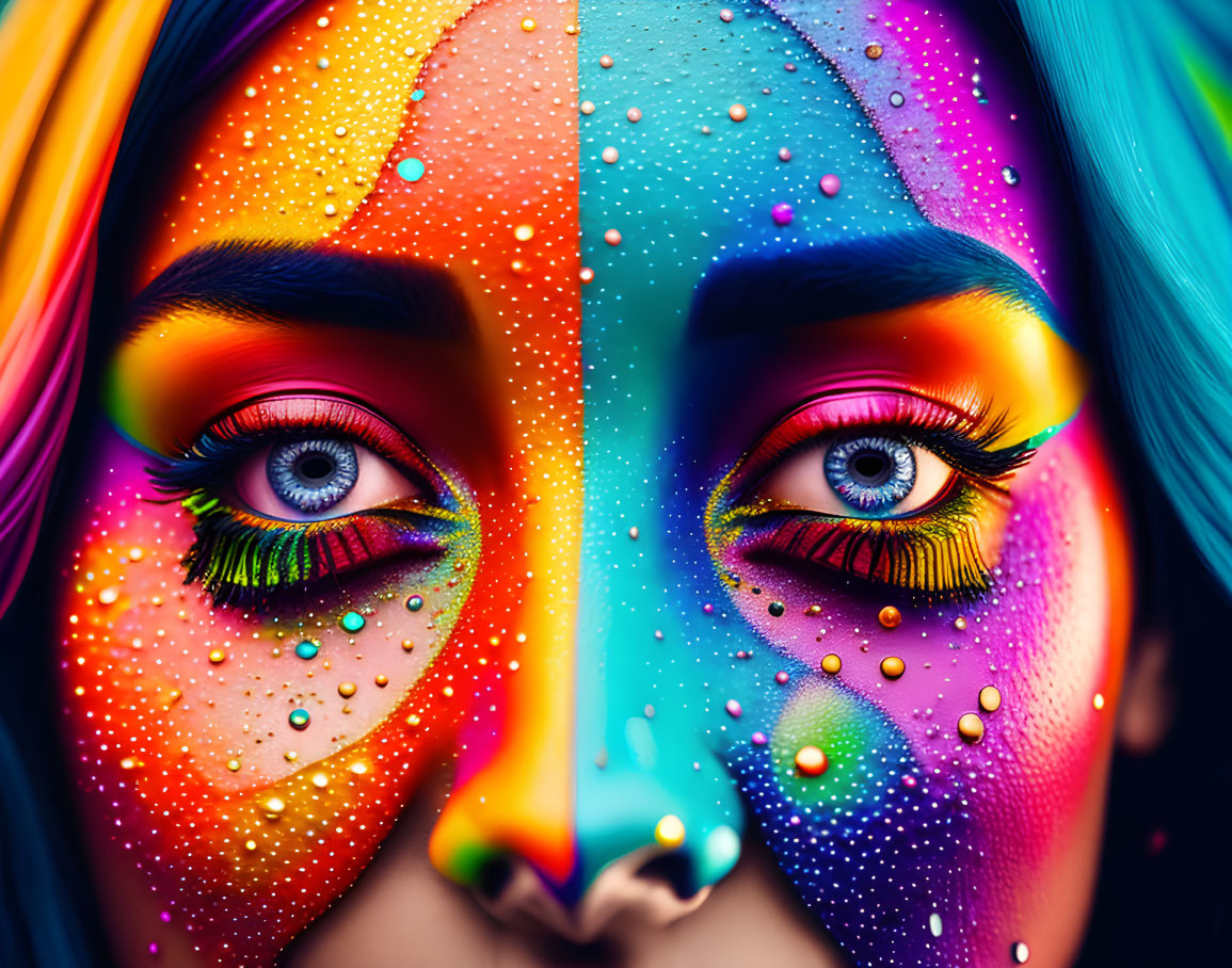 Vibrant rainbow face paint and makeup close-up with multicolored eyes