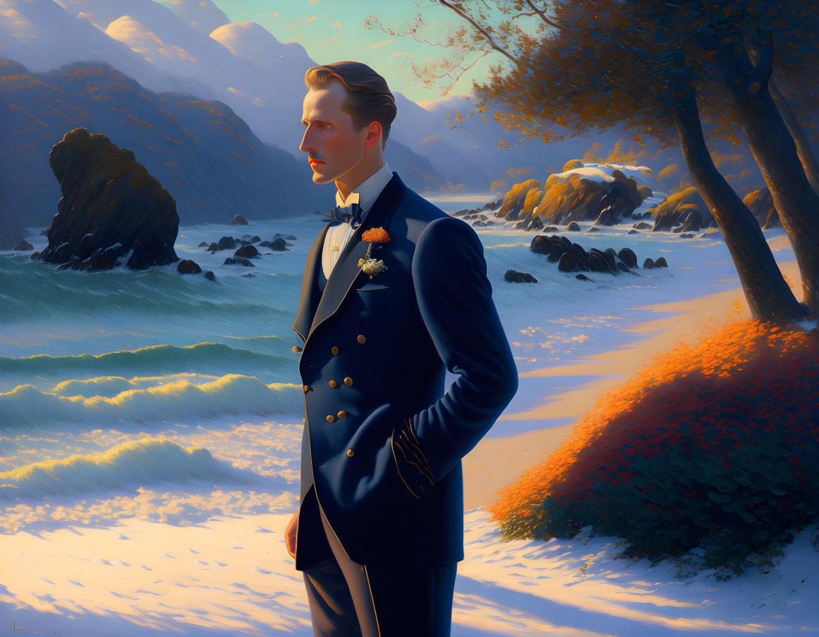 Formal man in double-breasted suit by serene beach at sunset