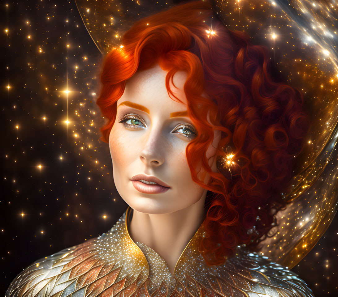 Red-haired woman in golden scales on cosmic backdrop