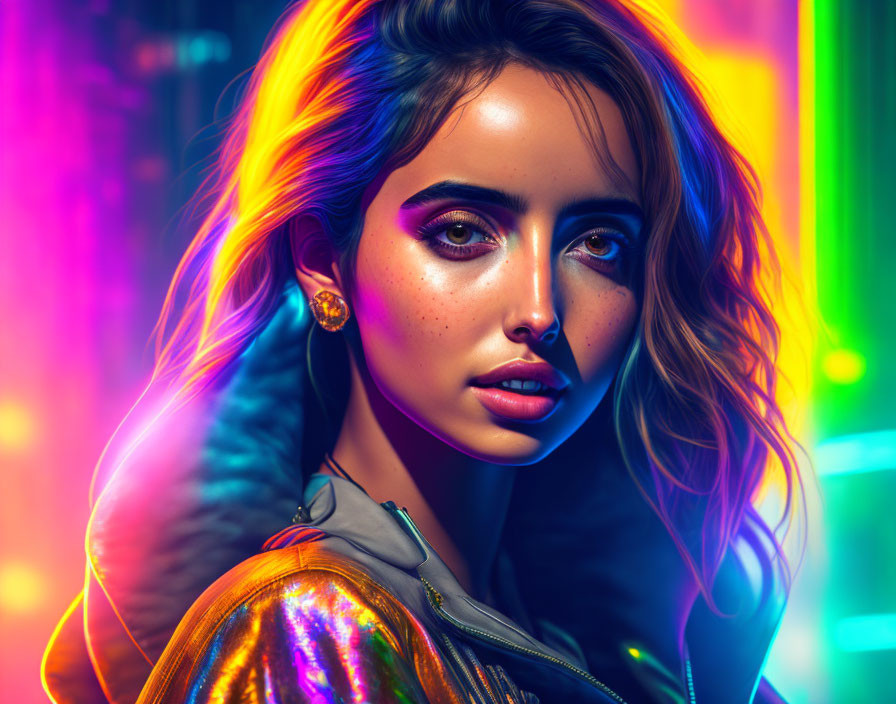 Vibrant neon lights illuminate young woman with striking makeup