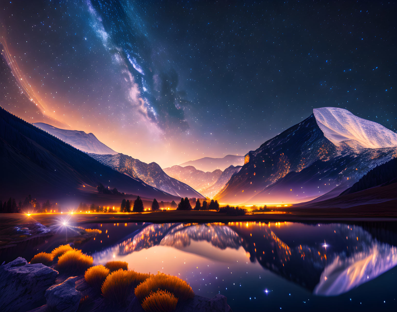 Starry night landscape with Milky Way over mountain range & reflective lake