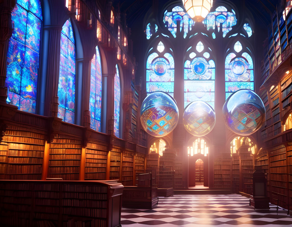 Spacious library with high ceilings, stained glass, wooden shelves, and floating orbs