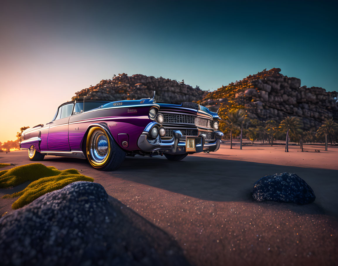 Purple convertible car on sandy beach at sunset with palm trees and mossy rocks