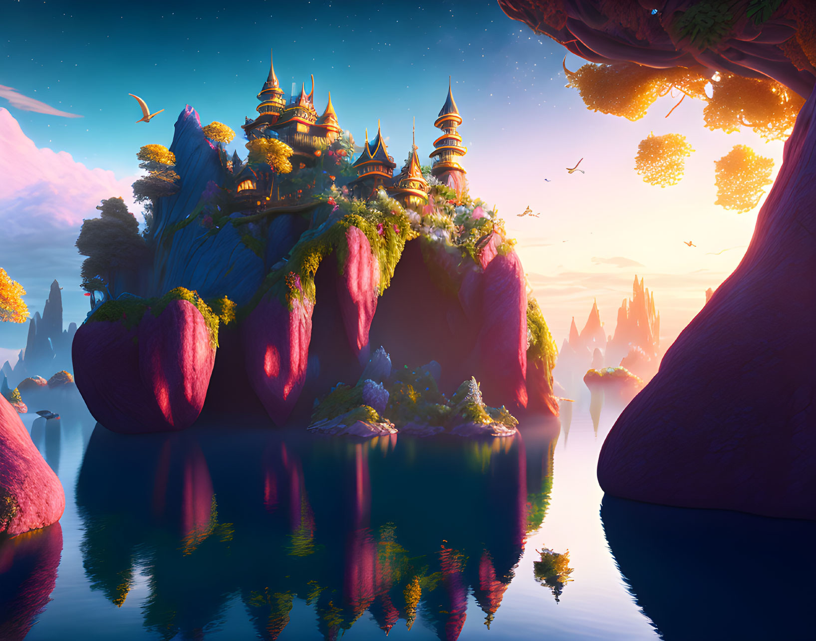 Fantastical landscape with floating islands and castles under warm sunset sky