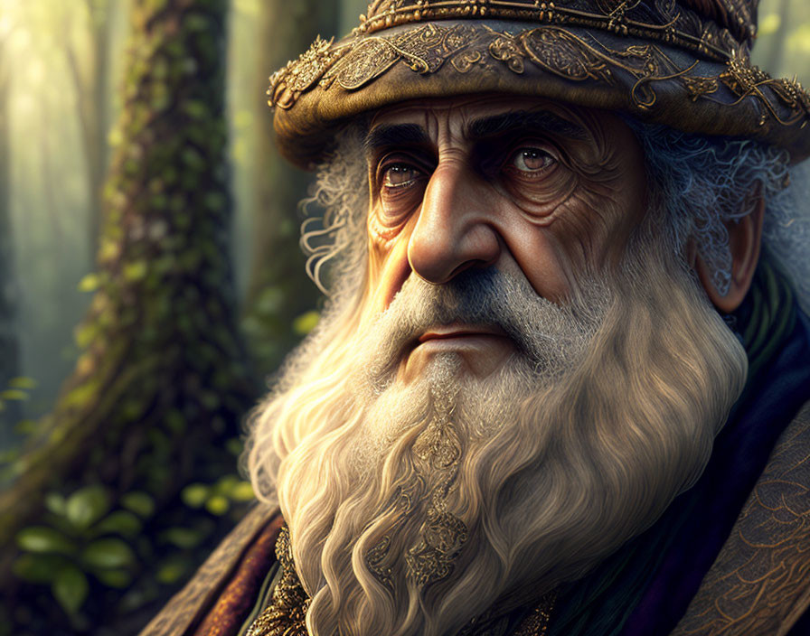 Elderly Bearded Man in Regal Attire in Mystical Forest