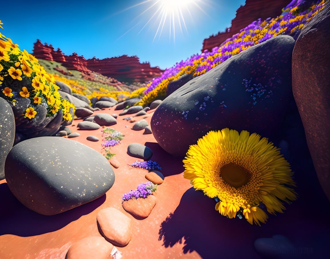 Colorful Desert Landscape with Rocks, Wildflowers, and Purple Flora