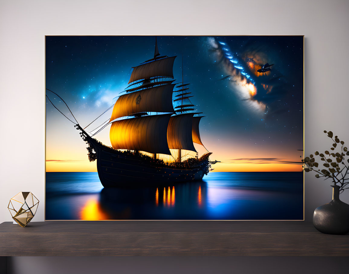 Framed sailing ship picture with luminescent sails above sideboard