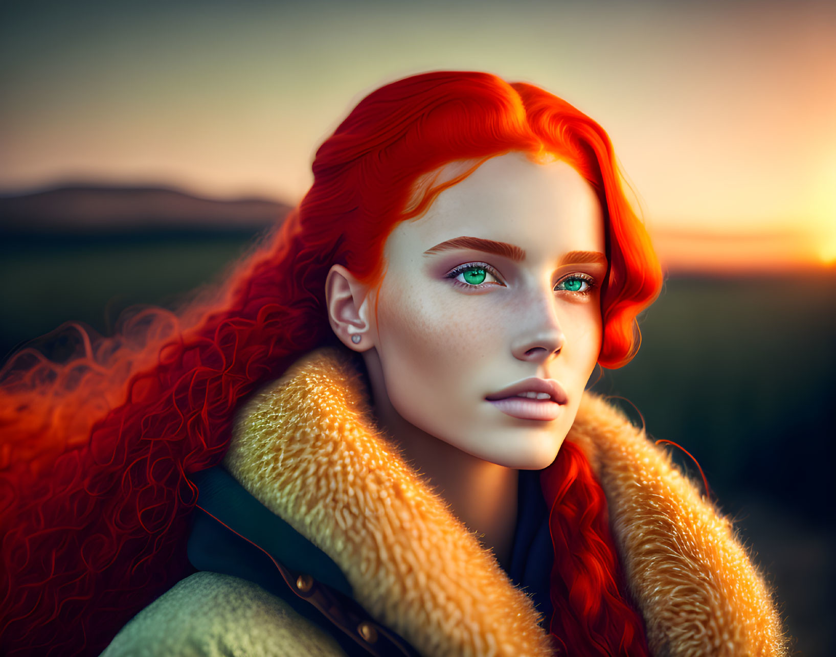 Digital Artwork: Woman with Red Hair and Green Eyes in Fur Collar Coat