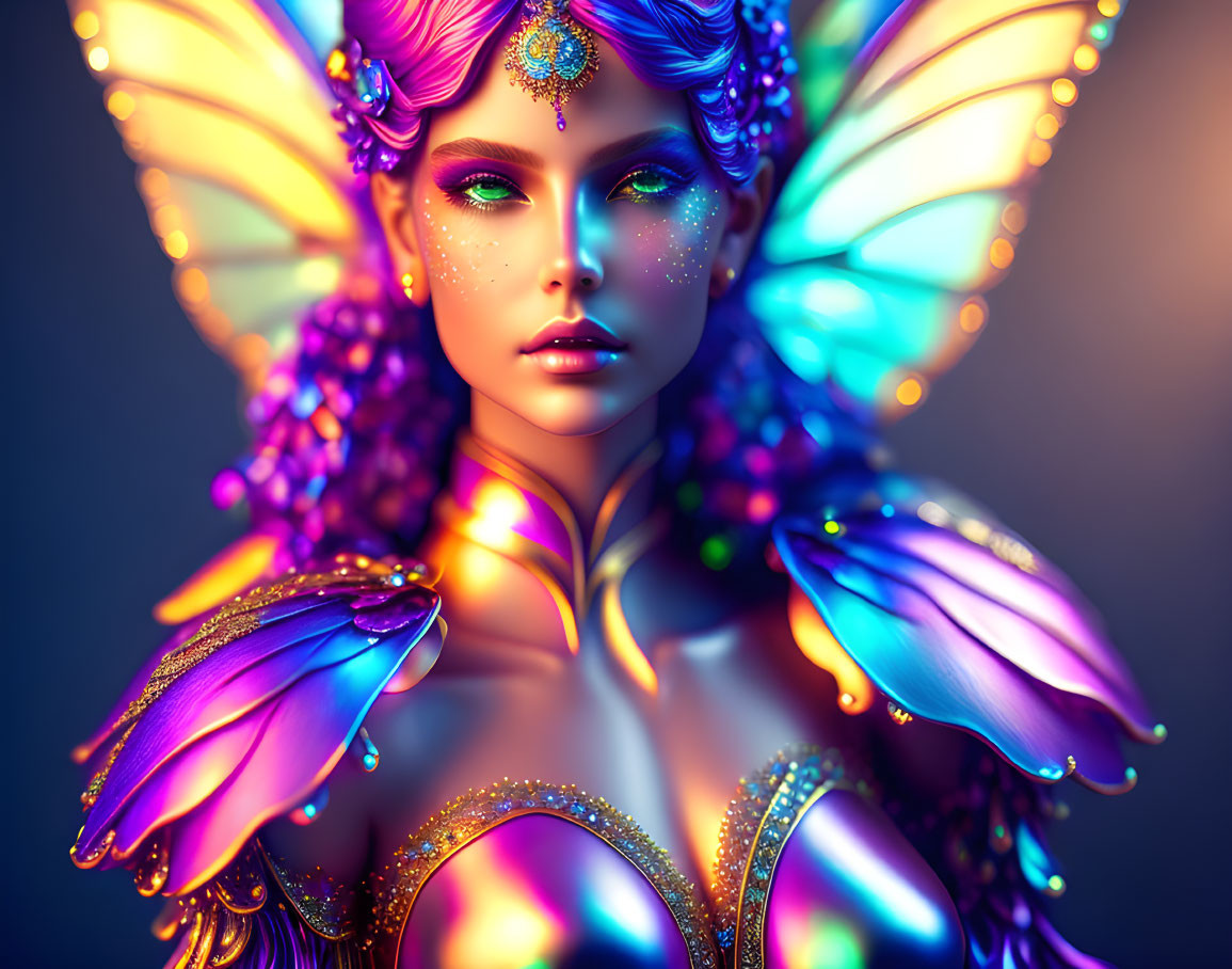 Colorful 3D fairy illustration with jeweled wings and iridescent skin