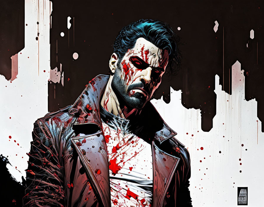 Bearded man in blood-spattered clothing on red and white backdrop