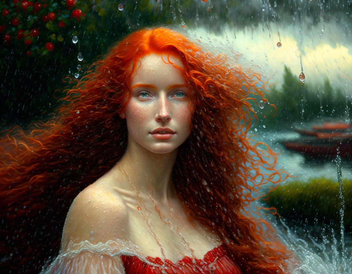 Vibrant red-haired woman with blue eyes in raindrop background