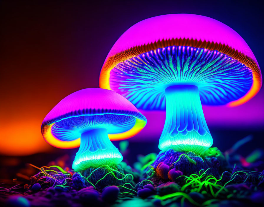 Colorful Pink and Blue Glowing Mushrooms on Gradient Background