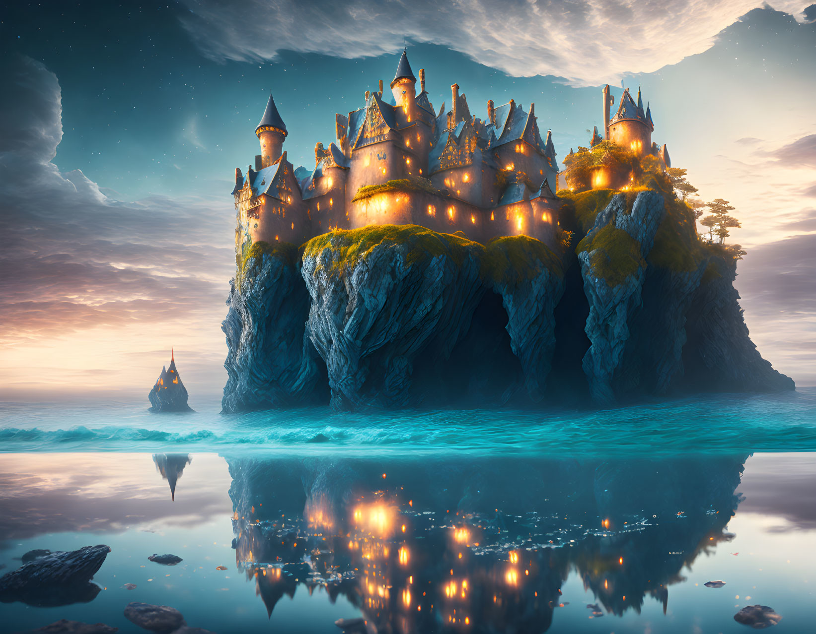 Enchanting castle with illuminated towers on cliff above serene sea at twilight