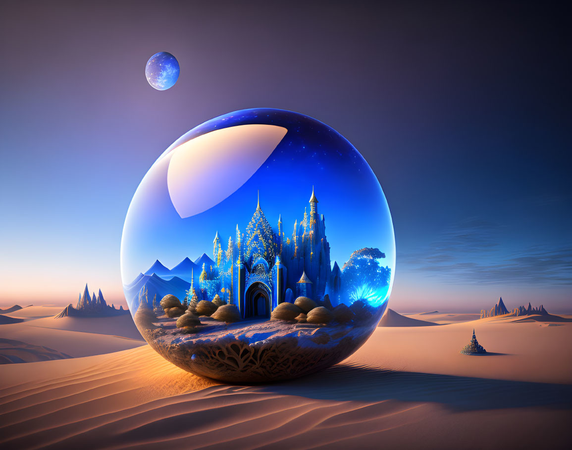 Fantastical landscape with glowing castle under starry sky