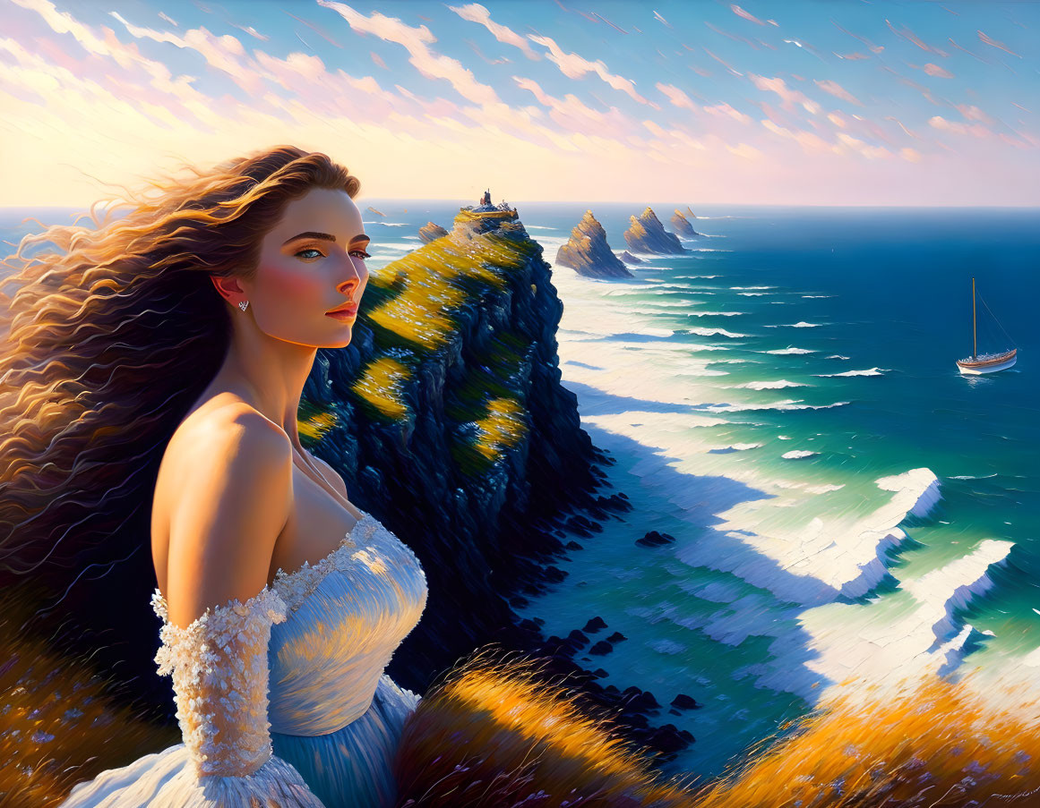 Woman with flowing hair gazes at seaside cliff and sailing boat on sunny day