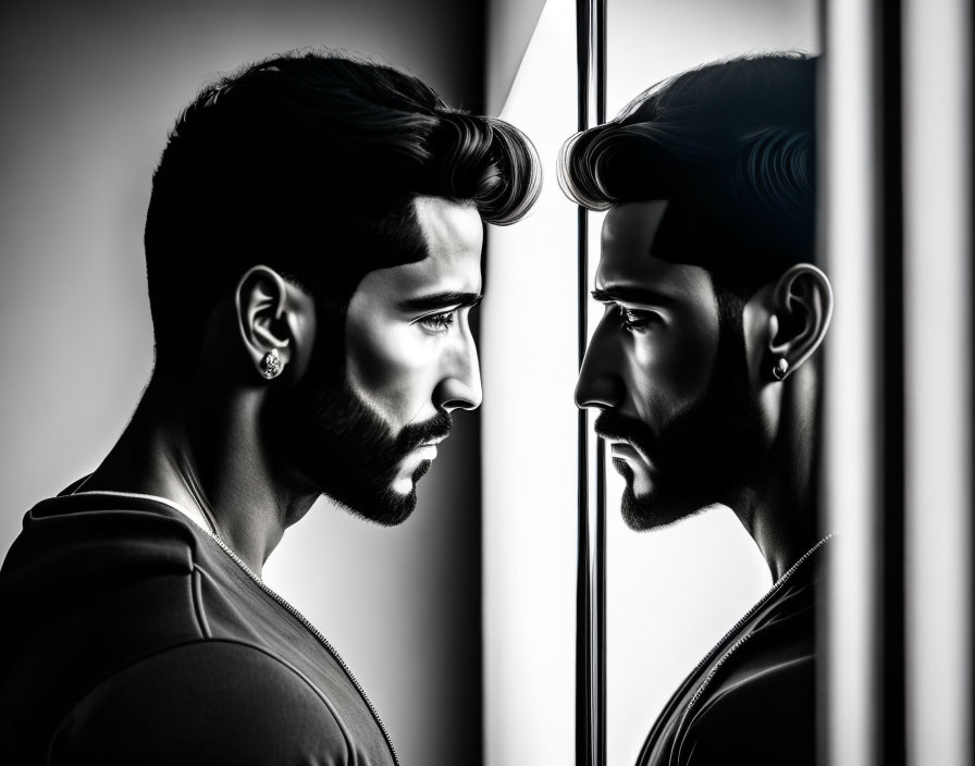 Bearded man with earring gazes at mirror in dramatic lighting