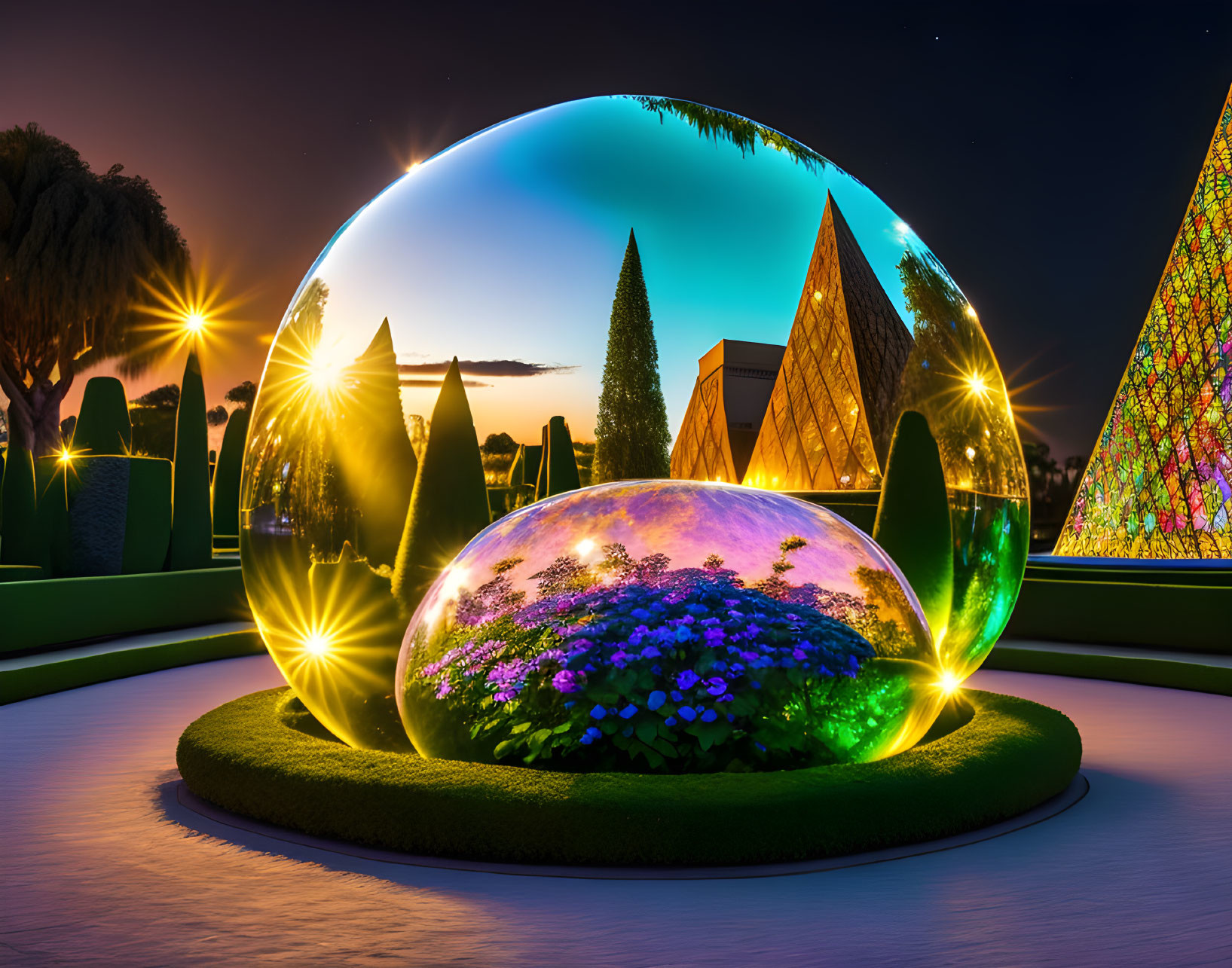 Twilight garden scene with glowing sphere and illuminated pyramids