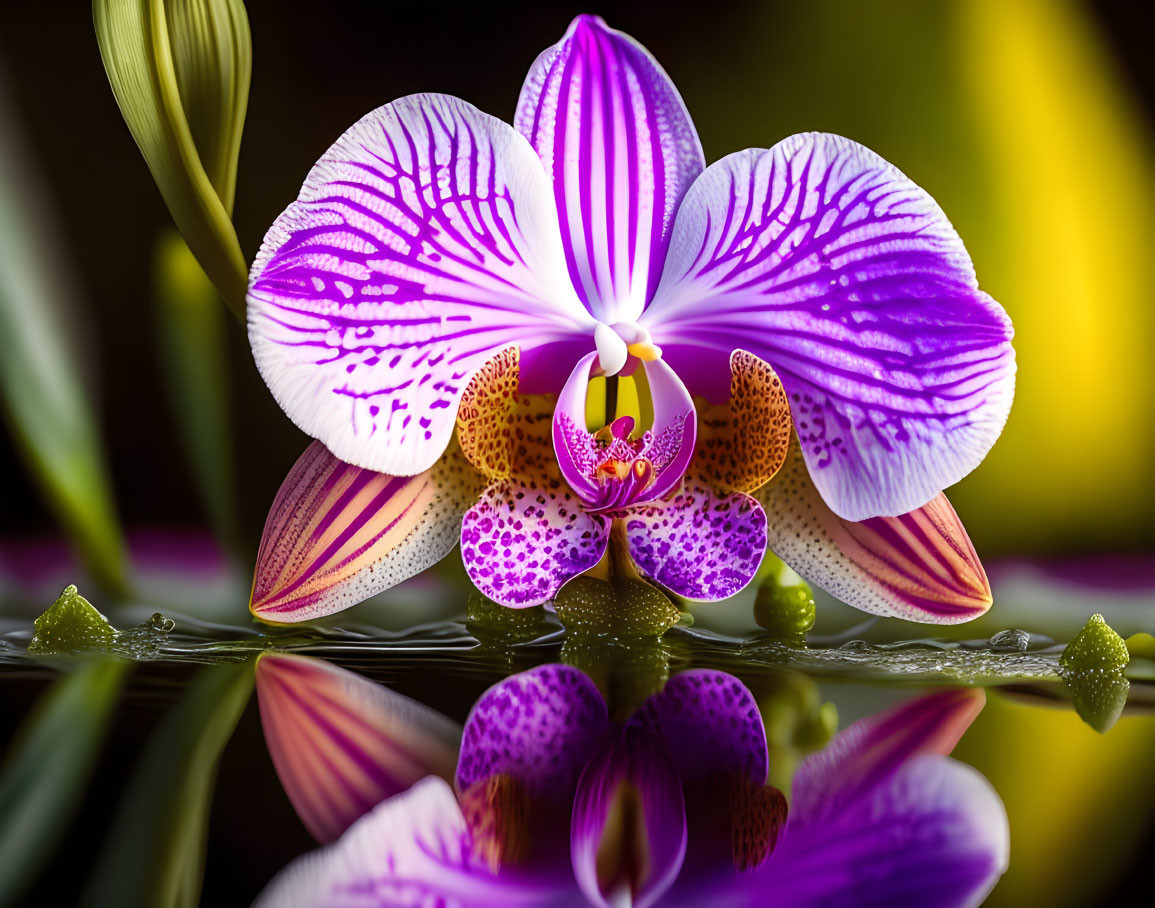 Purple and White Orchid with Patterned Petals Reflected on Water